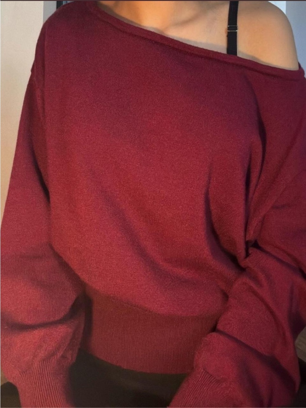 Off-the-Shoulder Knit Sweater in Deep Burgundy